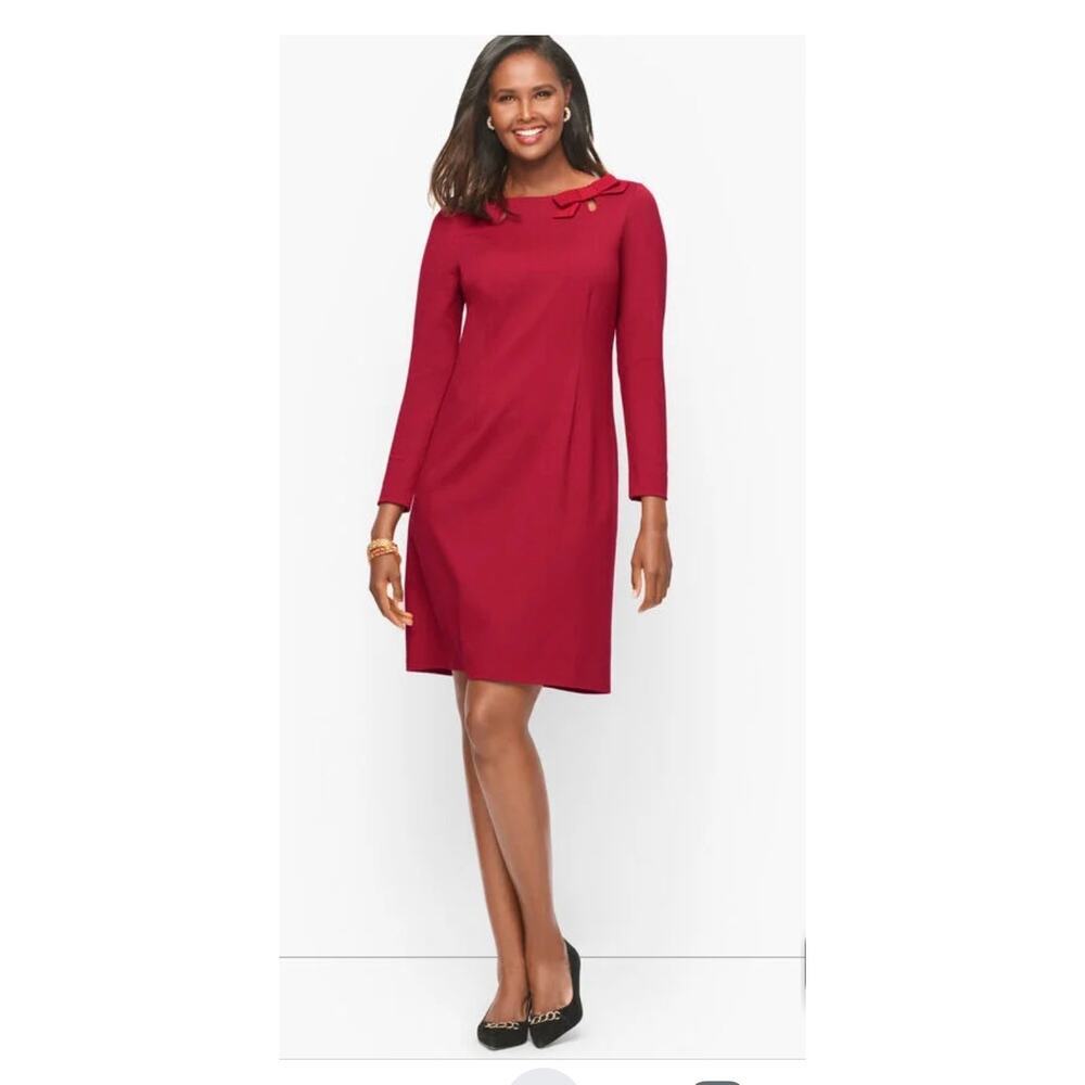 Talbots Red Ponte Knit Dress Size 16 A-Line Knee Length Work Office Bow Detail
